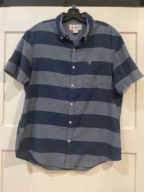 Original Penguin Men's Blue Striped Short Sleeve Button-Down Shirt
